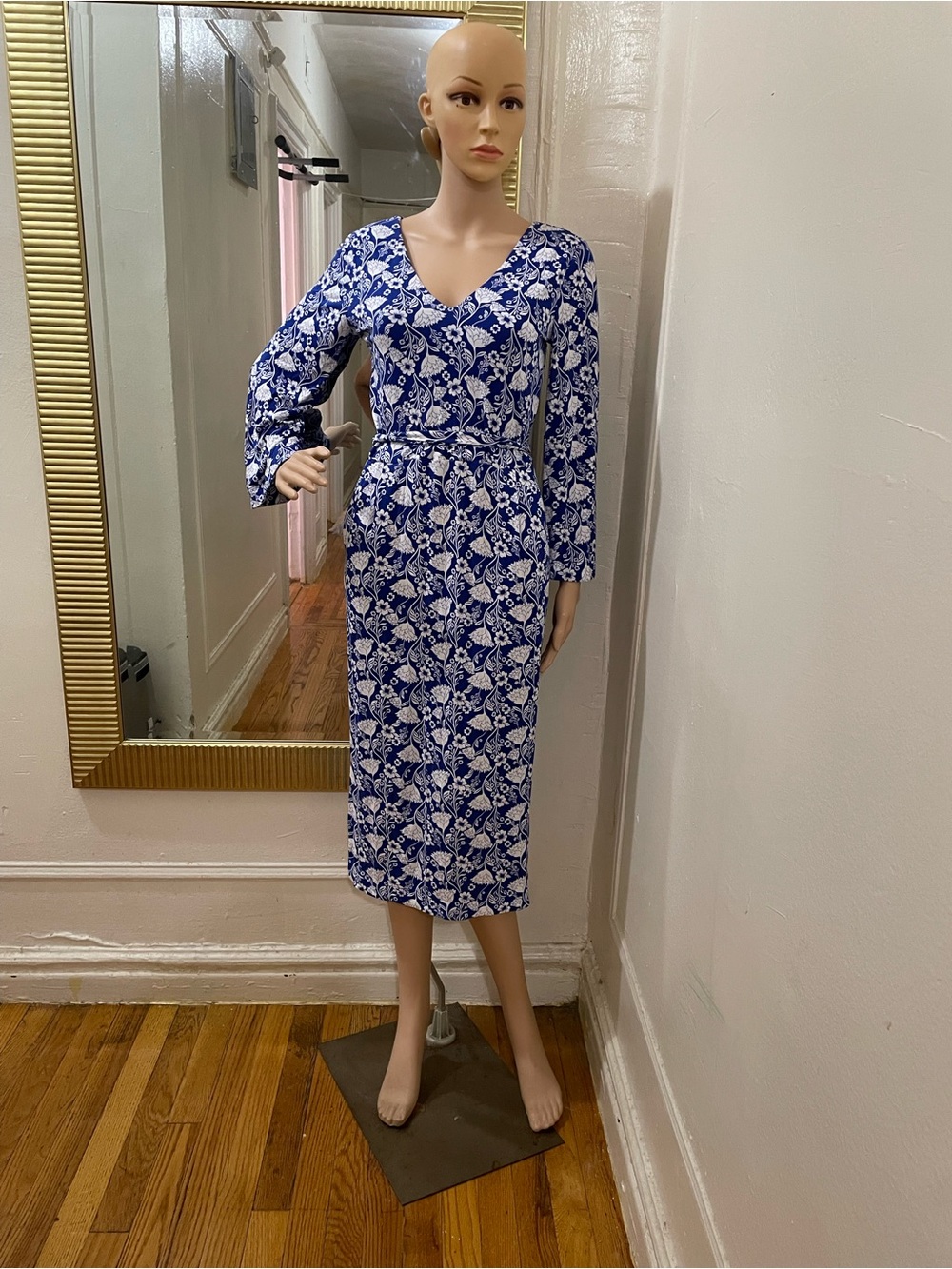 Boden Blue and White Floral Wrap-Style Midi Dress